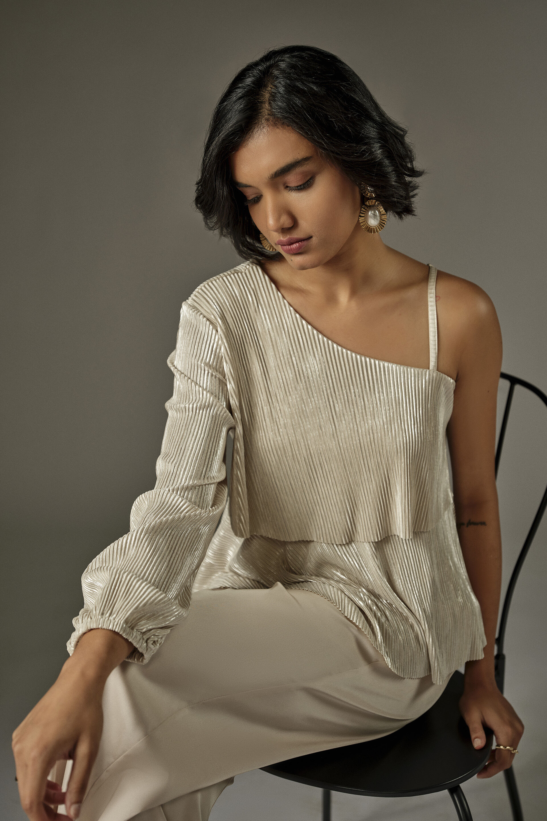 Accordion Pleated Layerd Top in Cream, White, image 3